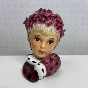 Vintage Porcelain Pink Winter Lady Head Vase Wall Pocket in Floral Hat with Muff